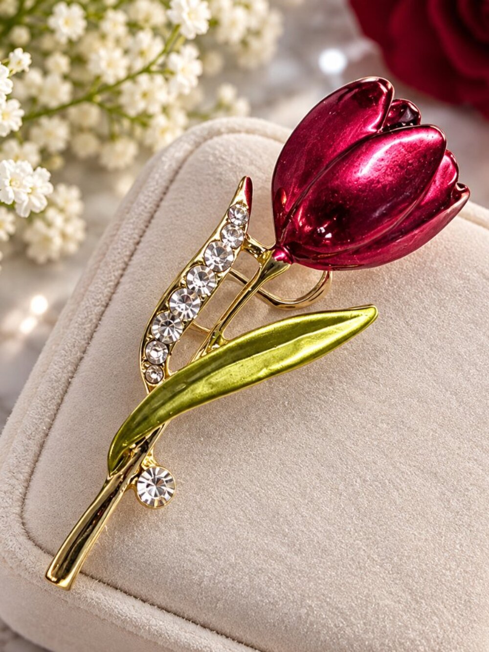 Red Tulip Flower Brooch Gold Tone Green Leaf Rhinestone Floral Pin New